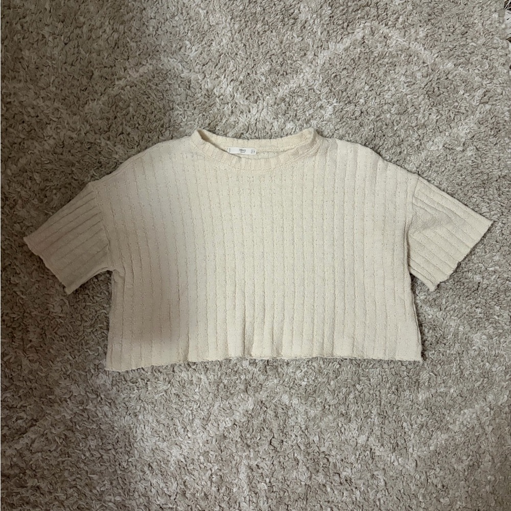 Cropped Ribbed Knit Short Sleeve Top in Cream